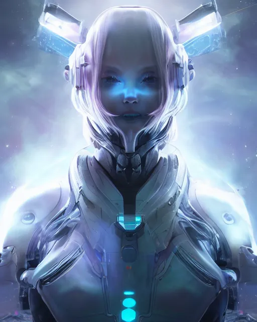 Image similar to photo of a android girl on a mothership, warframe armor, beautiful face, scifi, nebula, futuristic background, galaxy, raytracing, dreamy, focused, sparks of light, pure, long white hair, blue cyborg eyes, glowing, 8 k high definition, insanely detailed, intricate, innocent, art by akihiko yoshida, li zixin, woo kim