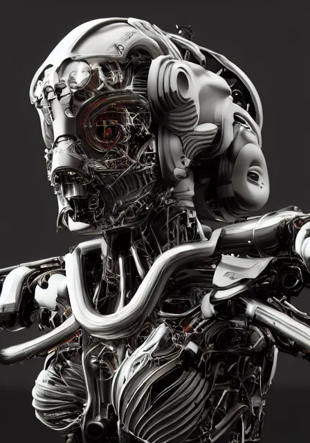 Image similar to complex 3 d render hyper detail portrait of a mechanical dog cyborg, sci fi, full body, intricate, art by kazuhiko nakamura and hajime sorayama, 8 k octane detailed render, post - processing, extremely hyperdetailed, intricate futuristic mechanic parts, maya, dark background, sharp focus, blender, cinematic lighting + masterpiece, trending on artstation