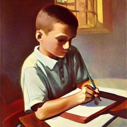 Prompt: 1950 painting of a boy writing a letter