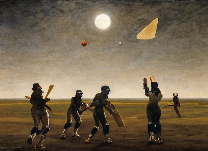 Image similar to a cricket match on the moon by edgar maxence and caravaggio and michael whelan and delacroix style, artistic, intricate painting, cinematic lighting, hyper realistic, extremely detailed, establishing shot, 8 k resolution, dramatic lighting