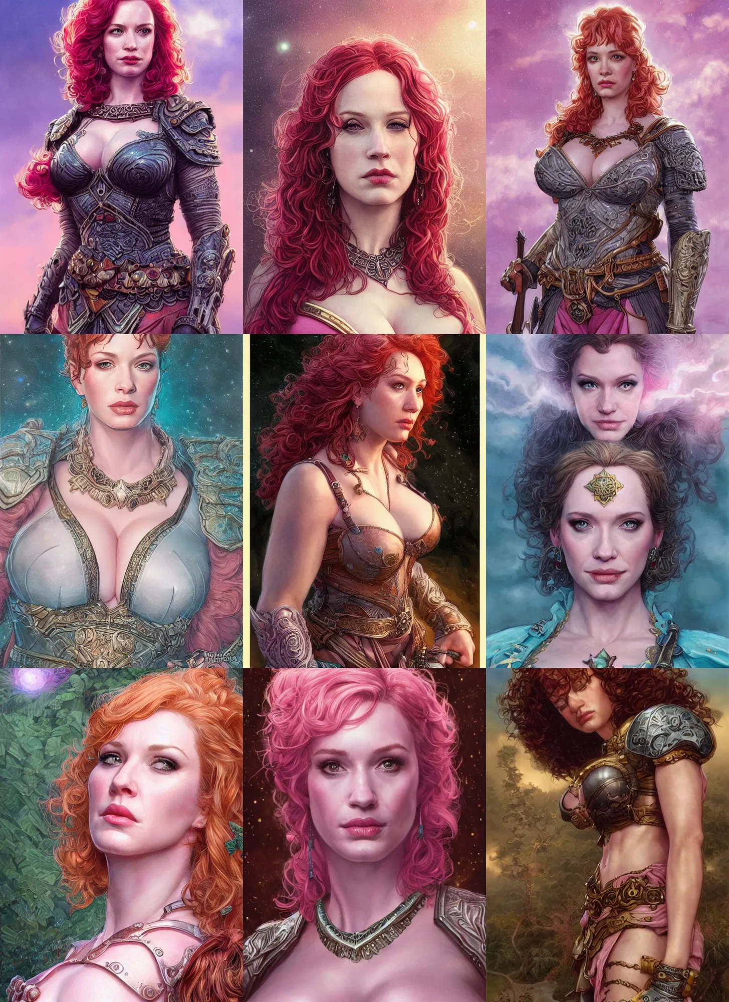 Prompt: extremely epic portrait of unimpressed Christina Hendricks as a ruggedly handsome Amazon heroine, intricate, elegant, highly detailed, centered, artstation, sharp focus, illustration, pink cloud bokeh, art by Artgerm and Donato Giancola and Joseph Christian Leyendecker