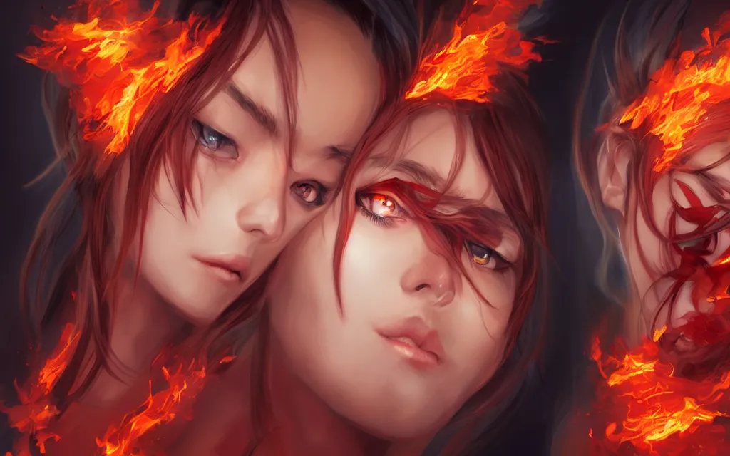 Image similar to A realistic anime portrait of a beautiful fire spirit twins with glowing red eyes and firey skin wearing clothes made of flames, digital painting, by Stanley Artgerm Lau, Sakimichan, WLOP and Rossdraws, digtial painting, trending on ArtStation, SFW version