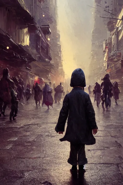 Prompt: a portrait of a small person wearing a cloke in the middle foreground walking in the street of a sci-fi city by Greg Rutkowski, Sung Choi, Mitchell Mohrhauser, Maciej Kuciara, Johnson Ting, Maxim Verehin, Peter Konig, final fantasy , mythical, 8k photorealistic, cinematic lighting, HD, high details, atmospheric,