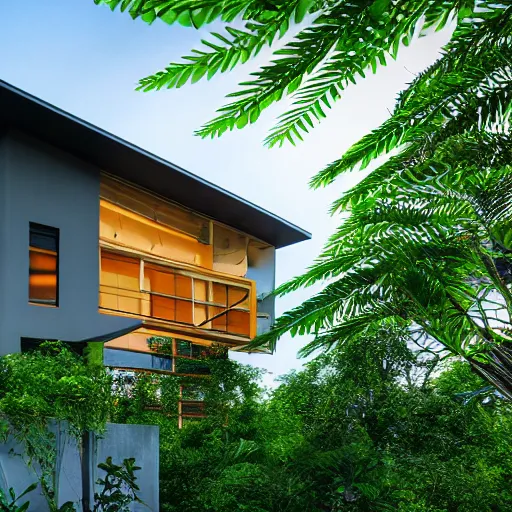 Image similar to modern house, surrounded by a lush jungle, hyper realistic, photo real,