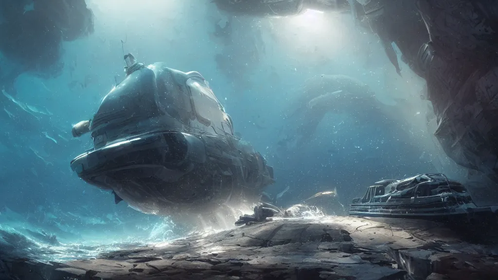 Image similar to a photorealistic hyperrealistic underwater render of a deep sea submersible with bright headlights attacked by a giant squid by greg rutkowski, james paick, wlop, nicolas bouvier sparth, stephan martiniere, dramatic moody lighting, underwater caustics, volumetric, light rays, cinematic atmosphere, octane render, artstation, 8 k