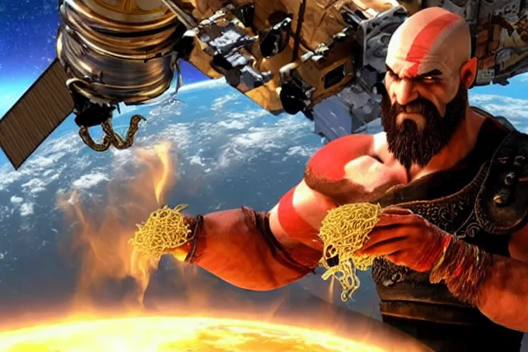 Image similar to kratos from the god of war videogame eating ramen noodles in the international space station