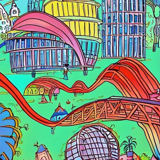 Prompt: fanciful city filled with curvy buildings, colorful kids book illustration by dr seuss, platforms, towers, bridges, stairs, style of the lorax and on beyond zebra