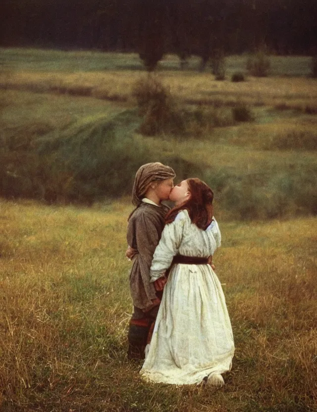 Image similar to peasant boy and girl first kiss, secretly on a village, Cinematic focus, Polaroid photo, vintage, neutral colors, soft lights, foggy, by Steve Hanks, by Serov Valentin, by lisa yuskavage, by Andrei Tarkovsky