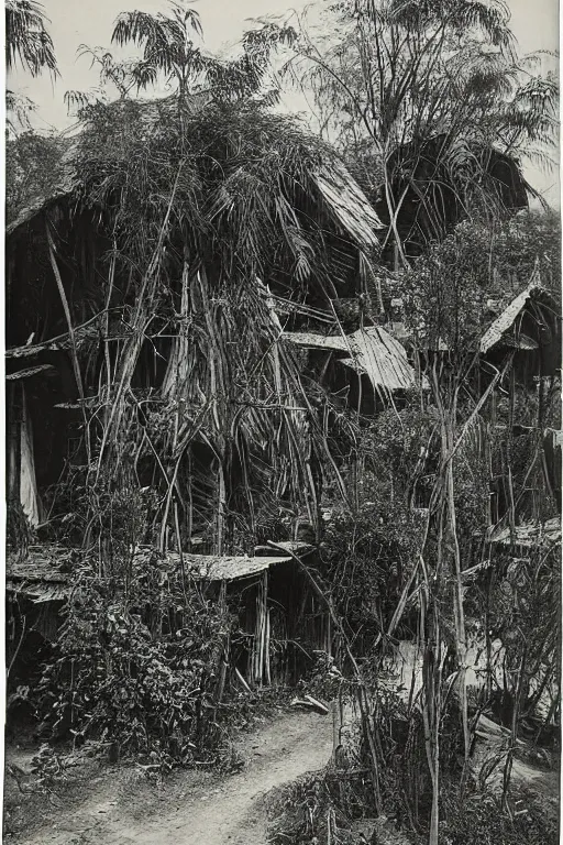 Prompt: long and tall organic houses, village, jungle, black and white photography, year 1 9 0 0