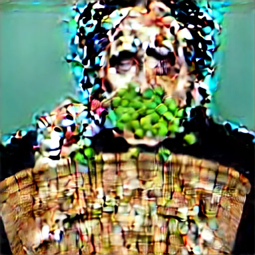 Image similar to nicolas cage with peas on his face, screaming in a wicker basket