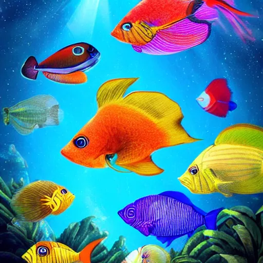 Prompt: lots of colorful tropical fish in galactic waters, fantasy art, super detailed, light reflections, realistic water, trending on artstation, hdr