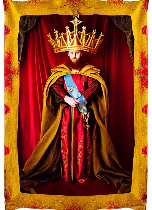 Image similar to 'Portrait of Crowned King Arthur' royally decorated, whirling plasma, atmospheric motes, red and gold Sumptuous garb, gilt silk fabric, radiant colors, fantasy, perfect lighting, studio lit, micro details,