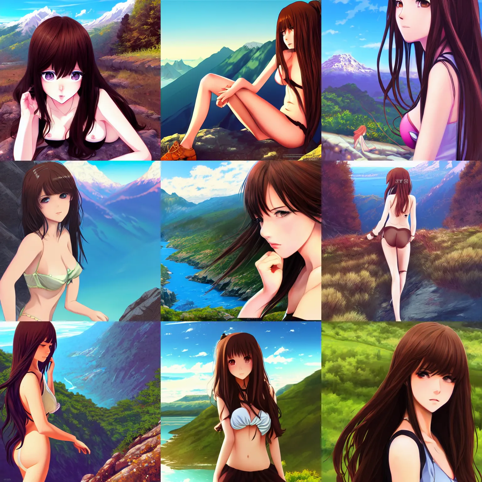 Prompt: sexy girl, long brown hair, luscious lips, taking you by the hand, scenic view, mountain landscape, artstyle : high definition anime and ilya kuvshinov