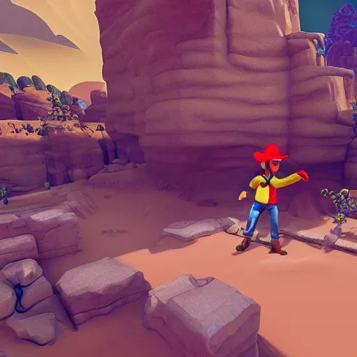 Prompt: Screenshot of a 3D platformer, Cowboy themed, Art deco influence, Unreal Engine, tech demo, Desert, Rembrandt, Nintendo, Stylistic, cartoony, Ray tracing