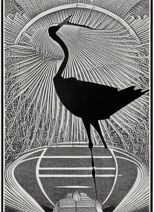 Image similar to art deco poster of the night - crowned black heron by mc escher, by ernst haeckel