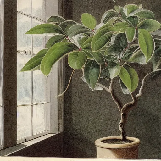 Prompt: a plant of ficus benghalensis in a bedroom in london in the style of 1 9 th century botanical art