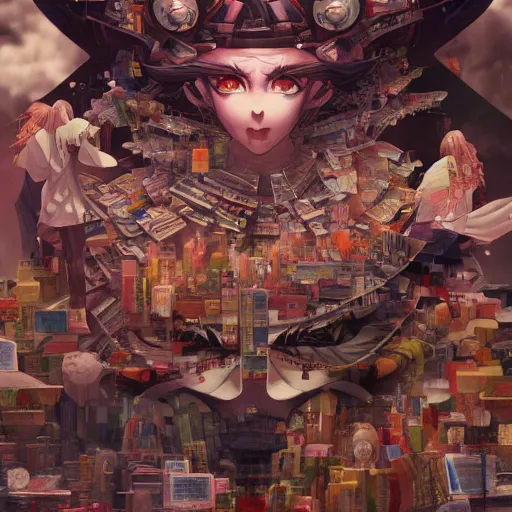 Image similar to Just living in the database as the madness of the system grows by Gigadō Ashiyuki, anime rendered in hyperdetailed Ultra HD, trending on ArtStation, luminous,