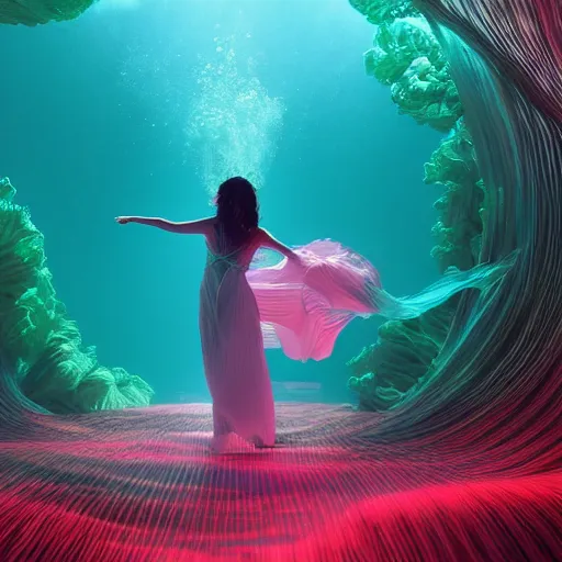 Prompt: woman dancing underwater wearing a long flowing dress made of many layers of neon light strips, coral sea bottom, swirling schools of silver fish, swirling smoke shapes, octane render, caustics lighting from above, cinematic, hyperdetailed