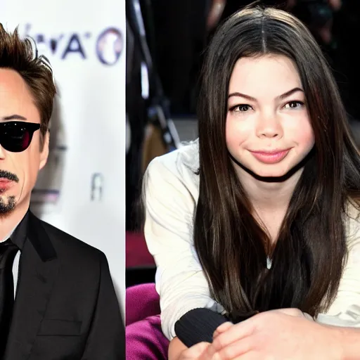 Prompt: https://upload.wikimedia.org/wikipedia/commons/9/9b/Miranda_Cosgrove_2010_MMVA_%28Straighten_Crop%29.jpg meets robert downey jr.