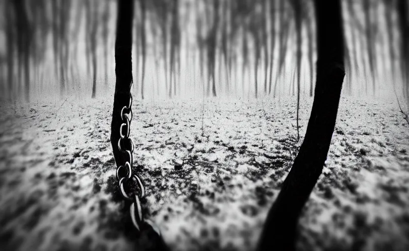 Prompt: chains on trees, mystic, melancholy, pinhole analogue photo quality, lomography, blur, unfocus, cinematic, foil effect, holographic effect, monochrome