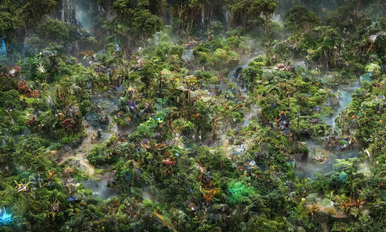 Image similar to a futuristic utopia, enchanted world, ancient amazon winding river valley deep valley taken from 3 0 meters high, otherworldly, botanical garden, waterscape, overgrowing floral lush, glistening in the morning light, 8 k, cinematic shot, weta workshop, hyper realistic, cinematography