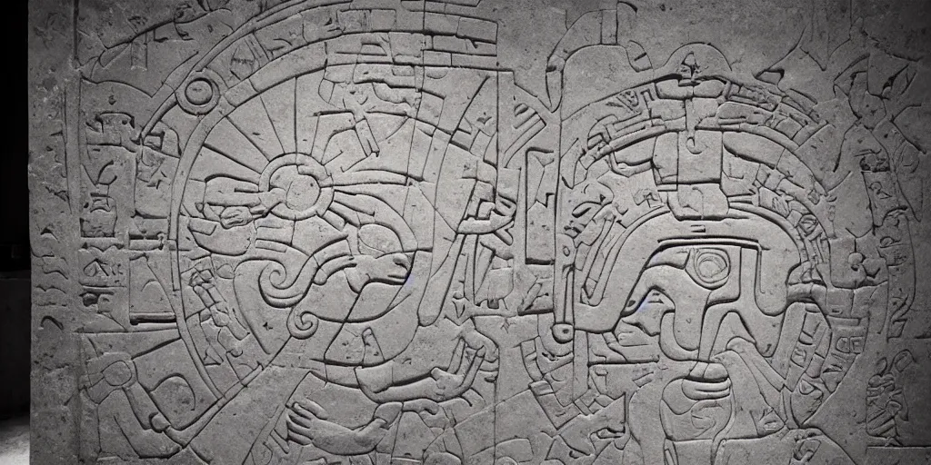 Image similar to pascal votan the space navigator as etched in stone, Mayan hieroglyph by Liam Wong and Boris Vallejo