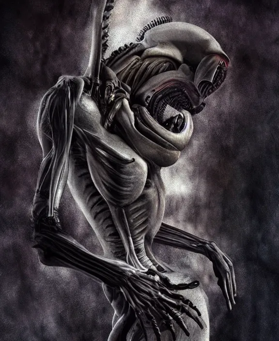 Image similar to xenomorph hugging pale sad beauty merging, dark mist colors, giger background liminal void, digital art, cinematic lighting, realistic, award winning photograph, various refining methods, micro macro autofocus