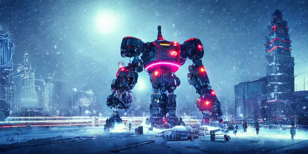 Image similar to a giant robot, megastructure, in a snowy land, photorealistic, neon light