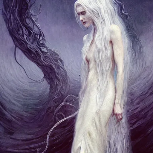 Prompt: a woman with tentacles as arms and with a long white dirty dress have a horrific face and long white hair, elegant, ethereal horror fantasy art by greg rutkowski and magali villeneuve and claude monet