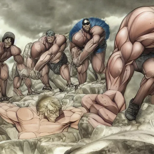 Image similar to a crawling mountain of muscles, highly detailed, anime, pale colors, award winning pictures, by studio mappa, by studio wit
