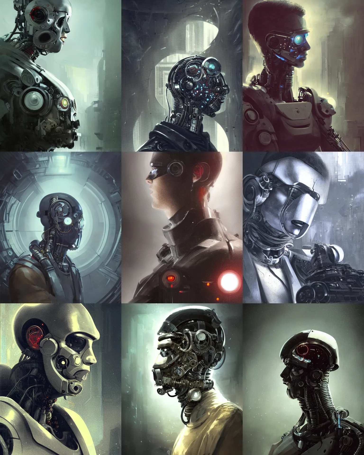 Prompt: a half - masked futuristic young laboratory engineer man with cybernetic enhancements as seen from a distance, scifi character portrait by greg rutkowski, esuthio, craig mullins, 1 / 4 headshot, cinematic lighting, dystopian scifi gear, gloomy, profile picture, mechanical, half robot, implants, steampunk