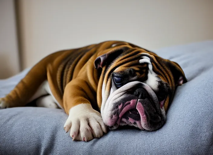 Image similar to a closeup, 4 5 mm, portrait of a sleeping english bulldog in a bed, on a pillow, low light, 4 5 mm, by franz lanting