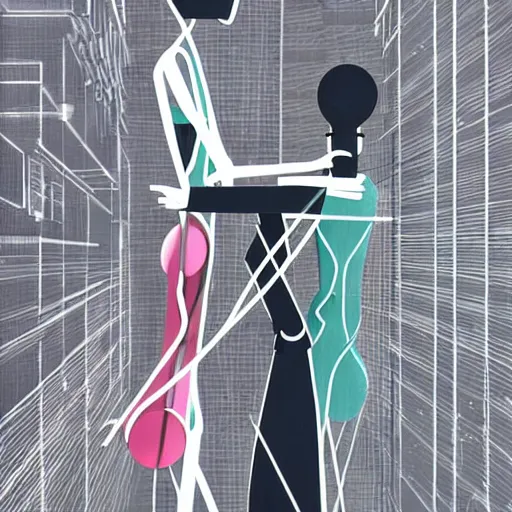 Image similar to ayatori cyberpunk, string figure, robot, lovers, vogue illustration by stina persson