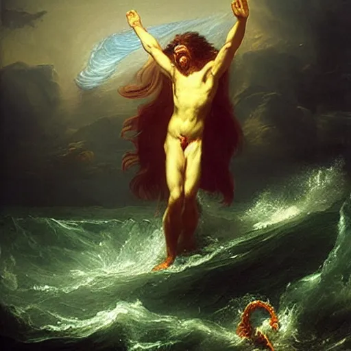 Prompt: portrait of proud and screaming Poseidon rising from the ocean, ready to fight with trident, fantasy art, by Thomas Cole, dark colors, sinister atmosphere