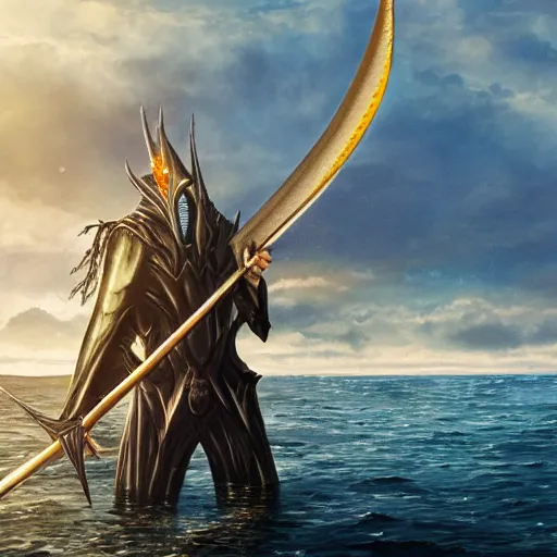 Image similar to lord sauron on his new paddle fishing a giant swordfish, cap canaveral background, digital art, trending on art station, high quality, uhd 8 k, beautiful, golden hour, intricate detail, high gradient, raytracing