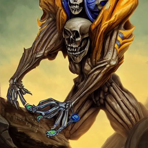 Prompt: skeletor riding on a skeleton beast, trending on artstation, ultra detailed, digital art