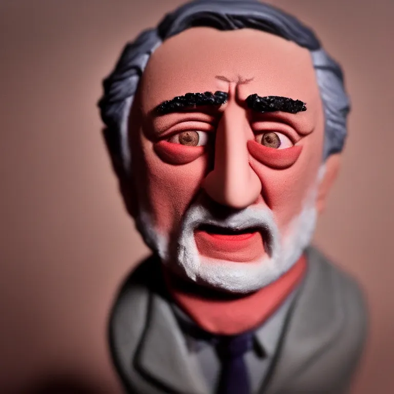 Image similar to a cinematic film still of a claymation stop motion film starring robert de niro, portrait, shallow depth of field, 8 0 mm, f 1. 8