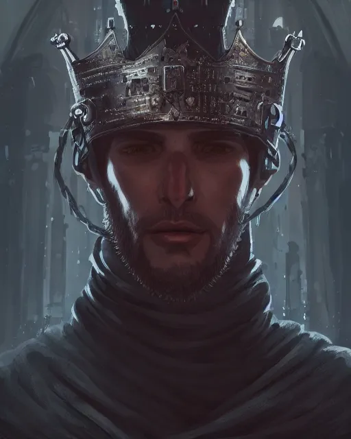 Image similar to a portrait of a medieval king, cyberpunk, grim - lighting, high - contrast, intricate, elegant, highly detailed, digital painting, artstation, concept art, smooth, sharp focus, illustration