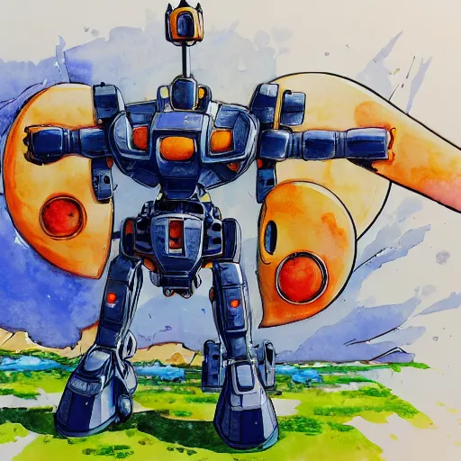 Prompt: an intricate water colour painting of a giant anime robot with rounded and circular parts