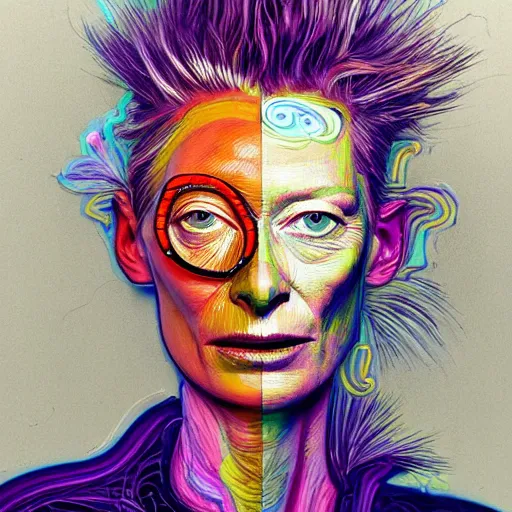 Prompt: a realistic yet sketched fierce neon tilda swinton, trending on artstation, by archan nair and marlene duma, intricate details, flowers, in the style of frank auerbach, in the style of martin ansin, in the style of david aja, in the style of mattias adolfsson