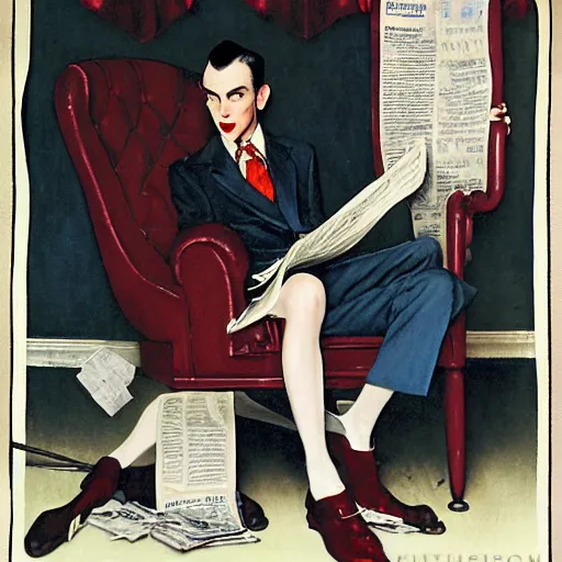 Image similar to a thin vampire wearing a suit reads a newspaper in the living room, painted by norman rockwell and tom lovell and frank schoonover