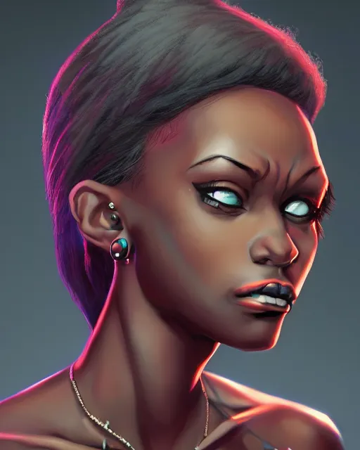 Image similar to punk rock dark - skinned young woman character portrait, by don bluth, sci - fi environment, highly detailed, dynamic shadows, 4 k, wallpaper - 1 0 2 4