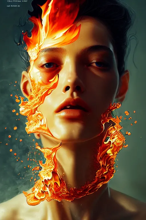 Prompt: 3 d, fashion model, flame, liquid water, morning, vogue cover style, poster art, high detail, intricate oil painting, multiple exposure, hell mood, hyperrealism, 3 d, by tooth wu and wlop and beeple and greg rutkowski