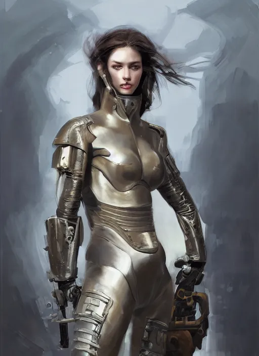 Image similar to a professional painting of a beautiful young female, clothed in military armor, olive skin, long dark hair, beautiful bone structure, symmetrical facial features, intricate, elegant, digital painting, concept art, smooth, sharp focus, illustration, from Metal Gear, by Ruan Jia and Mandy Jurgens and Artgerm and William-Adolphe Bouguerea