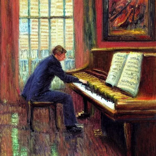 Image similar to A pianist playing piano on a rainy day in a coffee shop. There is a decent amount of people watching and enjoying the music, Impressionism art