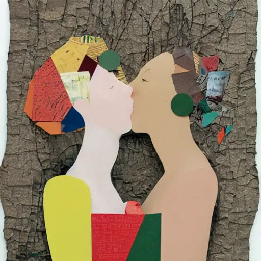 Image similar to paper collage art made of cut up magazines depicting two women kissing happily in a forest