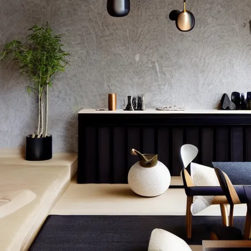 Image similar to lounge and dining room, stone, interior design, stylish luxury hotel living room design, yakisugi, black vertical slatted timber, textures, feminine, black walls, art, Japanese pottery vase with flowers, kakejiku, seasonal, Japanese influences