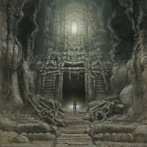 Image similar to lost and alone in a vast underground ancient stone temple by gustave dore and gustave moreau and beksinski and giger and craig mullins and jeremy _ mann
