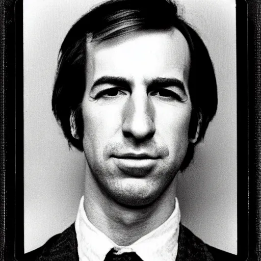Image similar to Mugshot Portrait of Young Saul Goodman, taken in the 1970s, photo taken on a 1970s polaroid camera, grainy, real life, hyperrealistic, ultra realistic, realistic, highly detailed, epic, HD quality, 8k resolution, body and headshot, film still, front facing, front view, headshot and bodyshot, detailed face, very detailed face