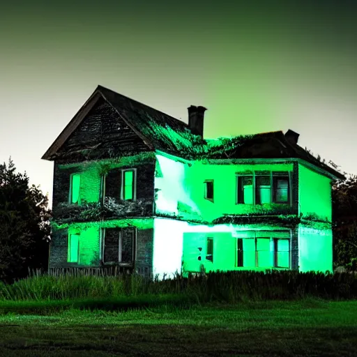 Prompt: abandoned house with green light emitting, it is night time